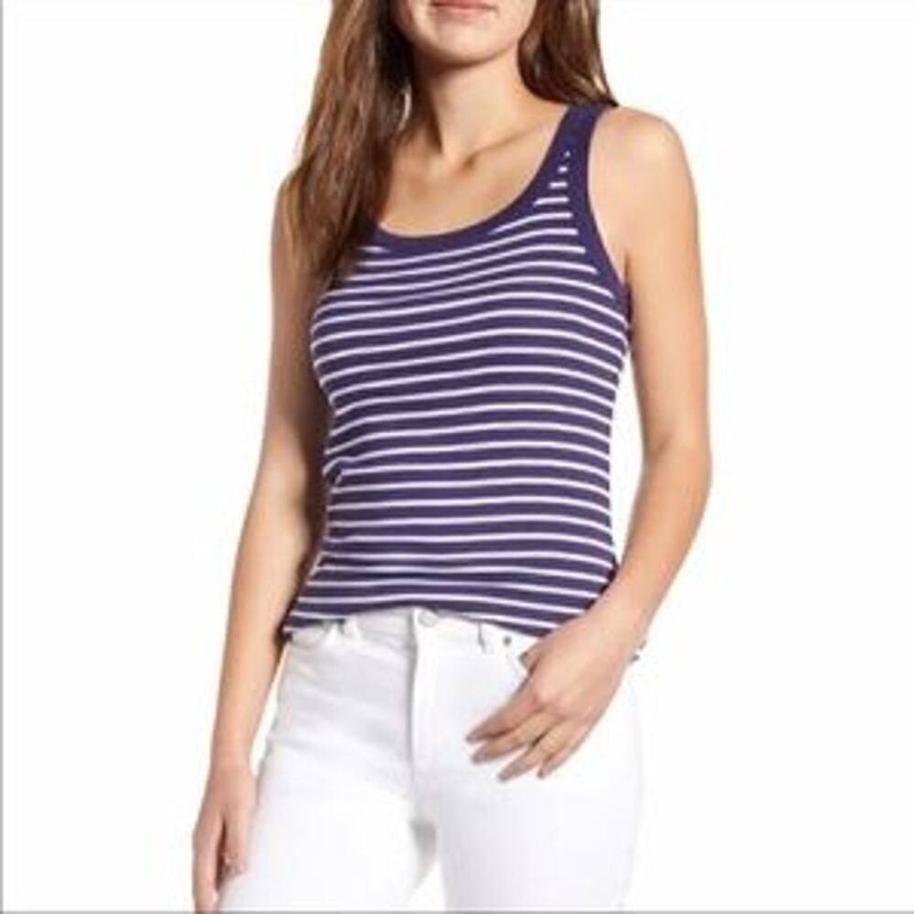 New Caslon Melody Ribbed Scoop Neck Tank Top in Blue White Stripe Medium